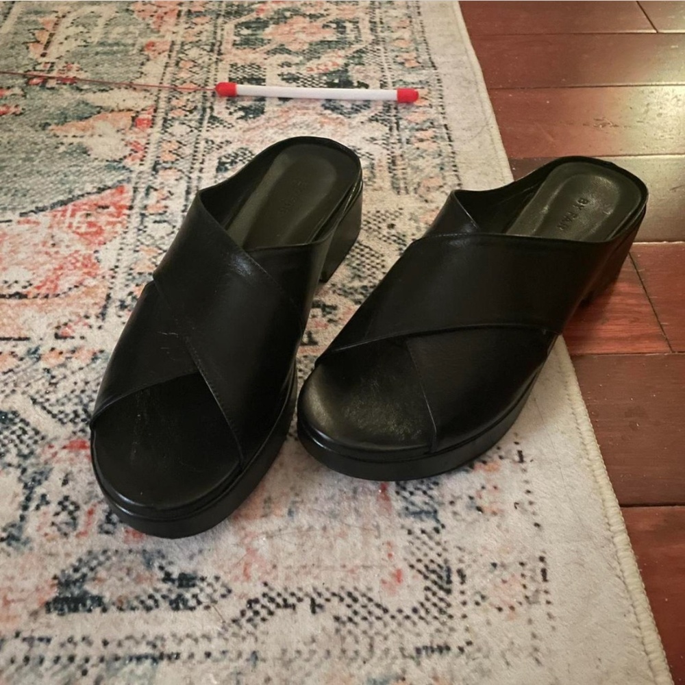 By Far Black Leather Cross Platform Slides